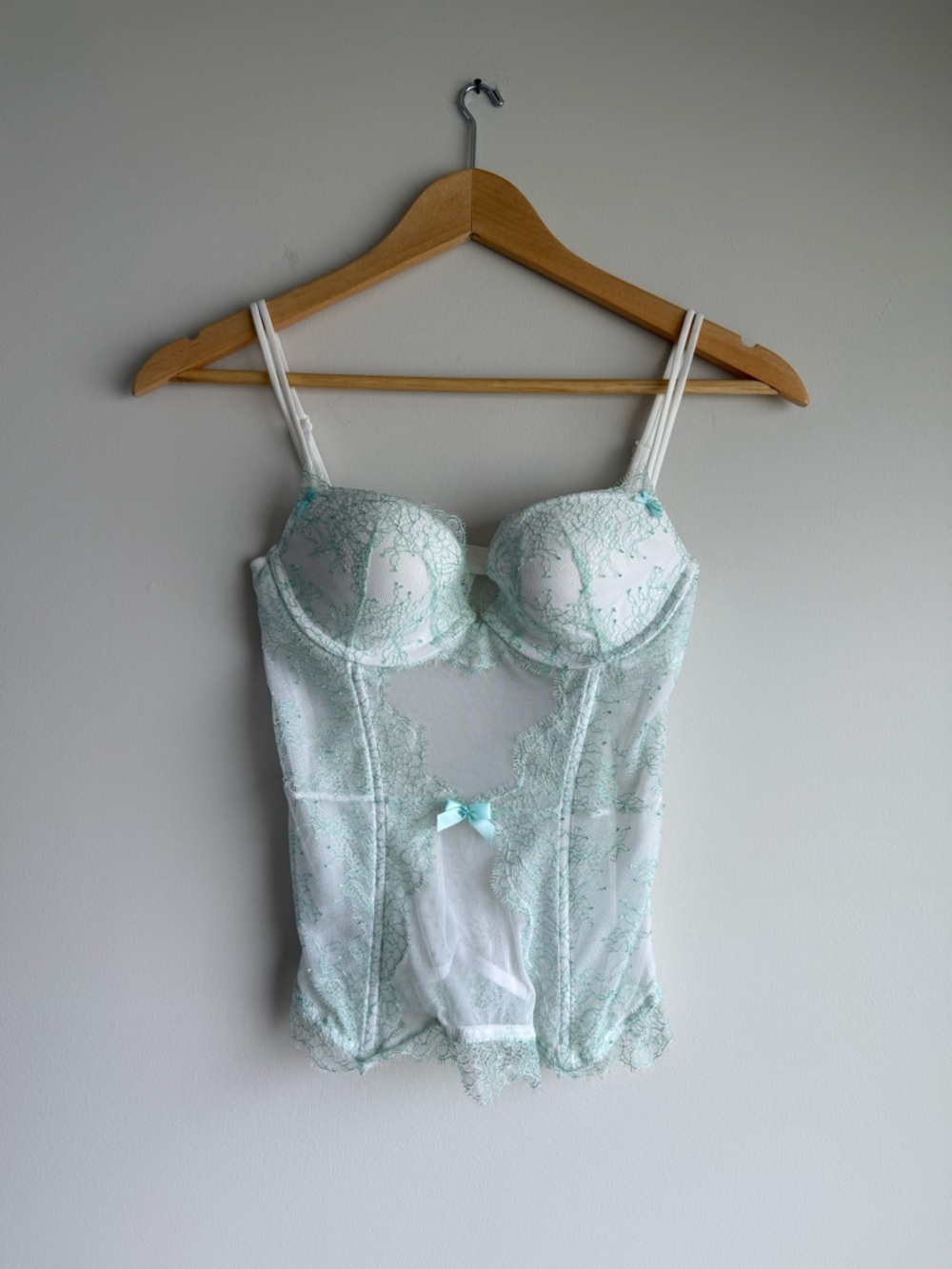 Victoria’s Secret Lace Bustier Corset Top White Mint Green 34B Sheer Lingerie